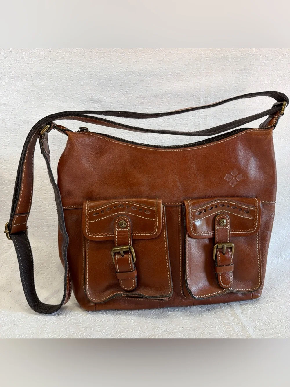 Patricia Nash Bag Brown Italian Leather Purse Zip Top Tote Hobo Crossbody Large